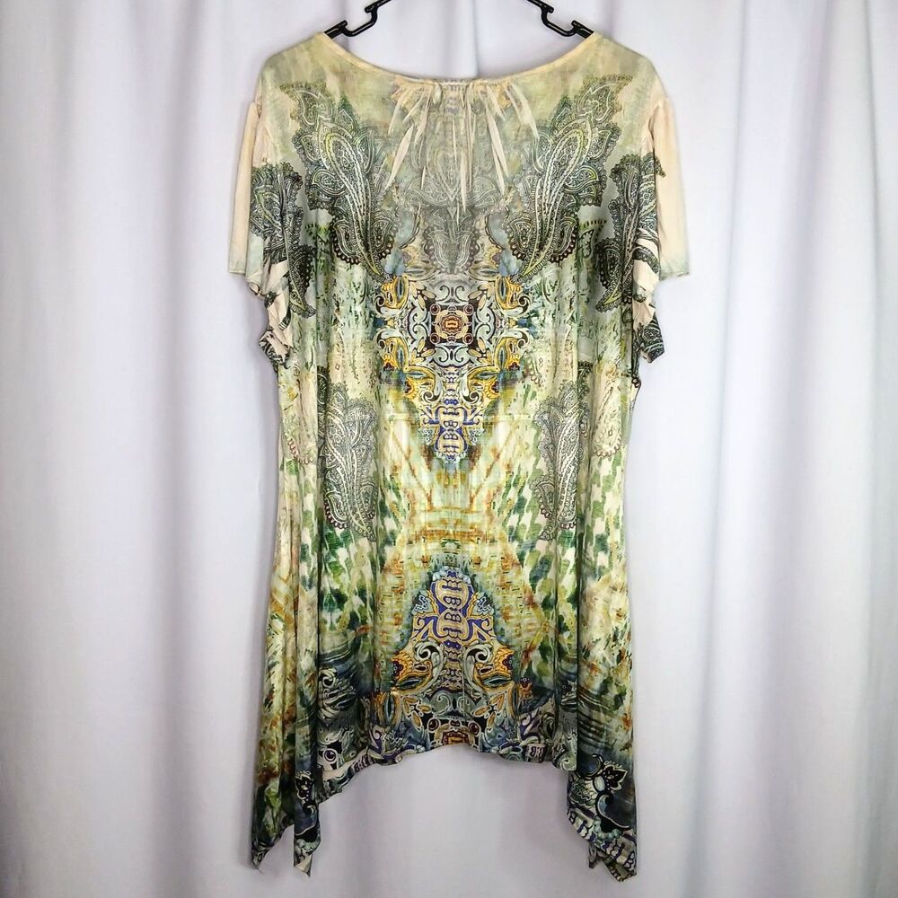 World Unity Embellished Blouse Short Slv Floral Paisley Tunic Top Boho Womens 2X - Picture 2 of 7
